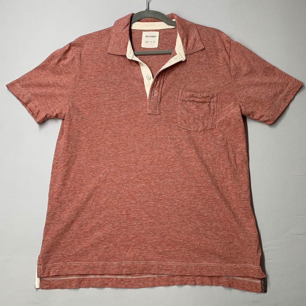 Billy Reid Men Polo Shirt Men Red Orange Pocket Short Sleeve Cotton Casual Adult